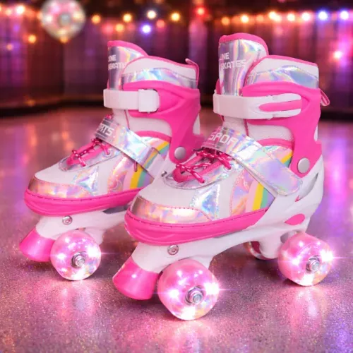 Patins Infantil  4 Rodas  Rosa e Branco  Menina Freio Luz LED-33-36