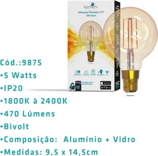 Smart Lâmpada de Filamento G95 Dimerizável, Compatível com Alexa, Marca Gaya - Novo