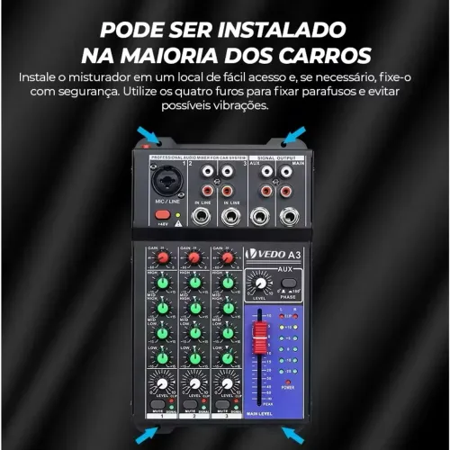 Mesa de Som Vedo A3 - 3 Canais - Ideal para Carros