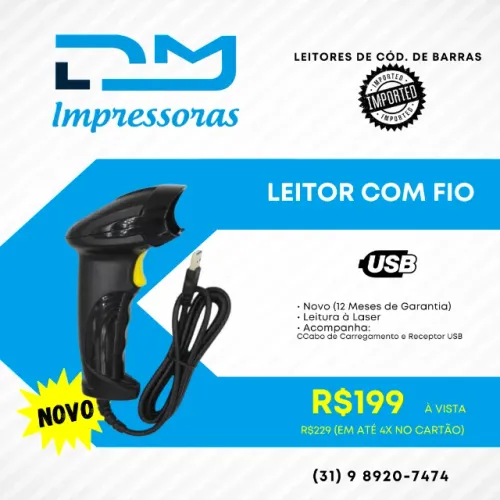 Leitor de Código de Barras Importado Com Fio - Novo - 12 Meses de Garantia