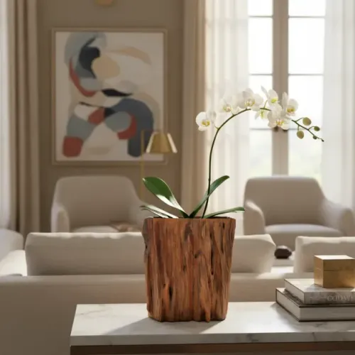Vaso Decorativo de Mesa em Inox e Madeira - Design Sofisticado