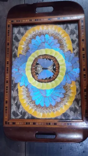 Bandeja de madeira com decoração de asas de borboleta
