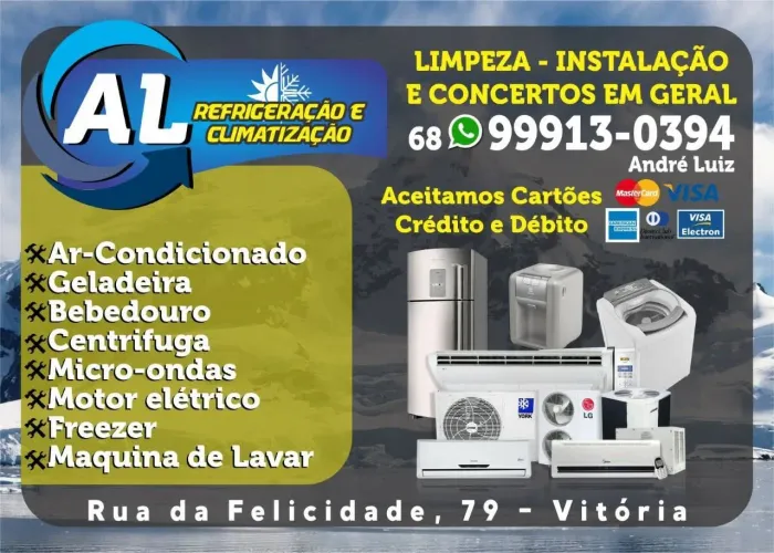 Conserto de geladeira e instalação, limpeza e manutenção em ar condicionado.