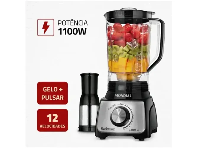 Liquidificador Mondial Turbo Inox L-1100 BI - Preto com Filtro 12 Velocidades 1100W