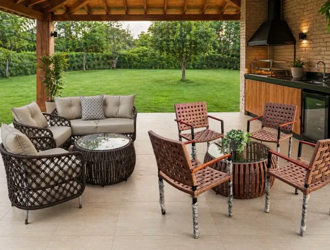 Jogo de poltronas + aparador + jogo de sofá área externa 