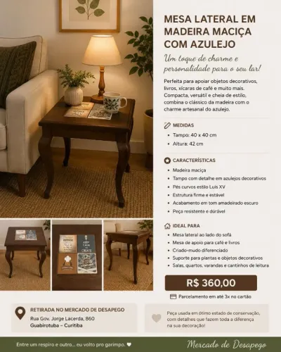 MESA LATERAL EM MADEIRA MACIÇA COM DETALHE EM AZULEJO