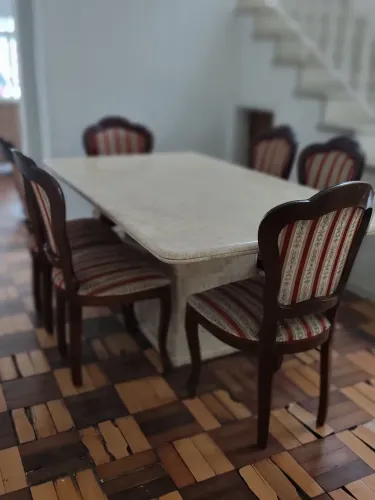 Conjunto mesa de jantar de Mármore Travertino Legítimo 8 lugares mais aparador