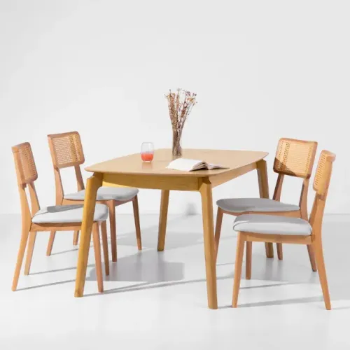 Conjunto Mesa de Jantar 1,60mx90cm Carvalho Americano + 4 Cadeiras Encosto Palha