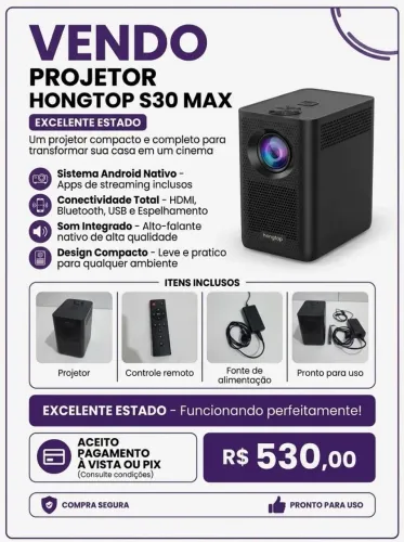 Projetor Hongtop S30 Max ? Android Nativo & Conectividade Completa (Excelente Estado)