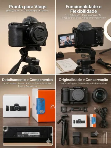 Sony ZV-E10 Kit Completo (Lente 16-50mm + Cage SmallRig + Tripé + 3 Baterias Extras)
