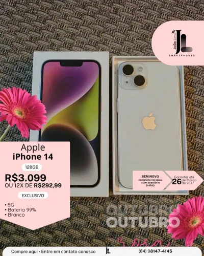 IPHONE 14, 5G, 128GB, BRANCO, SEMINOVO NA GARANTIA, EXCLUSIVO!