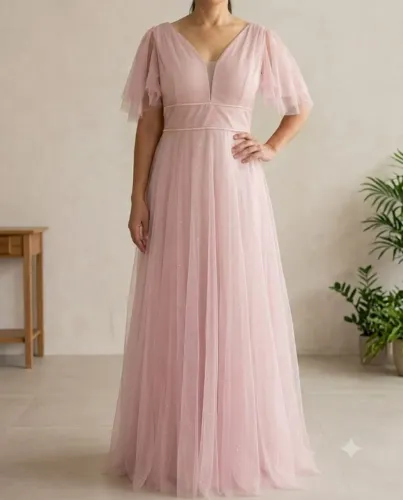 Vestido de Festa Longo Tule Rosa com Brilho Tam GG