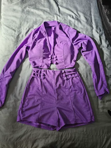 Conjunto Cropped Manga Longa e Short Roxo M
