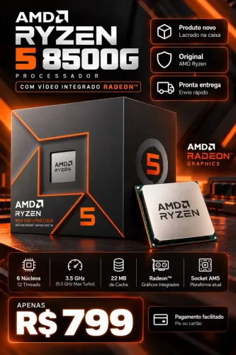 NOVO - Processador AMD Ryzen 5 8500G, 6 Núcleos, 12 Threads, AM5