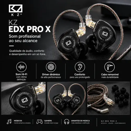 Fone In Ear KZ EDX Pro X Monitor Profissional Para Músicos, Gamer, versão sem microfone