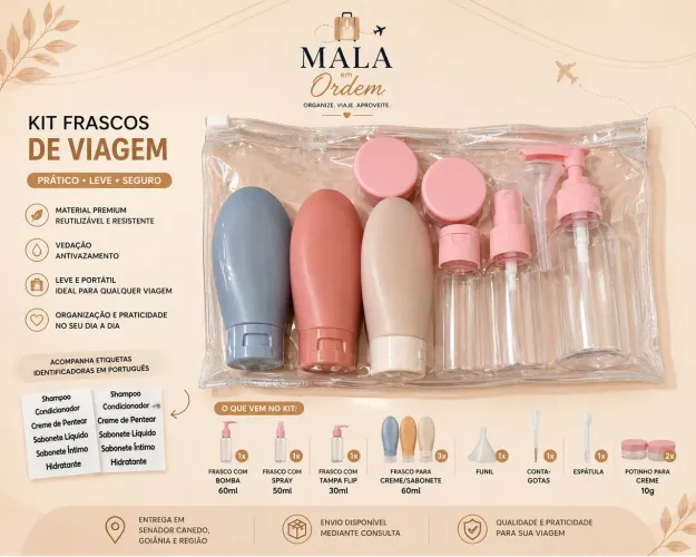 Kit Frascos para Viagem Completo com Necessaire Transparente