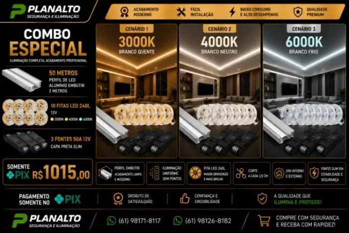 Perfil de led 50metros embutir + 10 fitas 240leds 4000k + 3 Fontes 50A SLIM 220V 650W