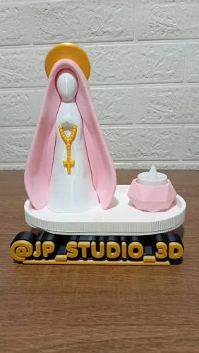 Kit Nsa. Senhora Aparecida + Porta Terços + Porta Vela + Vela de led cores rosa/branco