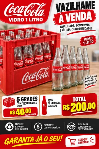 Vendo vasilhames Coca-Cola de vidro 1 litro, ideais para revenda, reposição ou comércio.