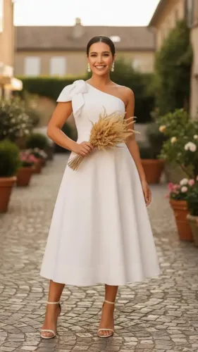 Vestido Branco Casamento Civil Noiva Longuete Laço Bojo