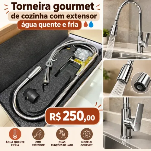 Torneira gourmet de cozinha com extensor água quente e fria