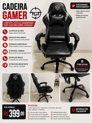 Cadeira Gamer TGT Reclinável com Ajuste de Altura - Ótimo Estado