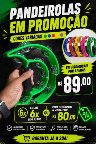 Pandeiro Meia Lua Platinelas Dupla Modelo Pandeirola Premium Verde