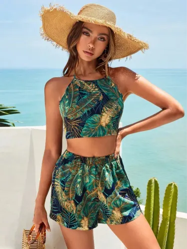  Estampa Tropical Amarrado Sem Costas Top Do Cabresto & Short