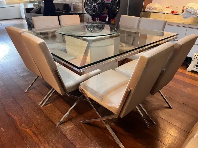 Sala de Jantar Completa Mesa de Vidro 160x160cm com 8 cadeiras pés aço inox Fortaleza/CE