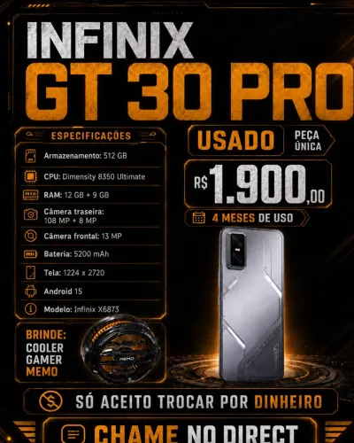 Infinix GT 30 Pro: Potência, design Premium e performance de verdade! 