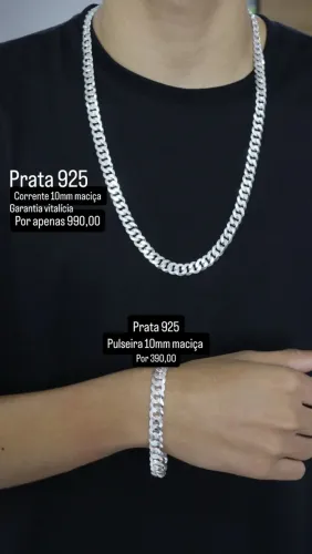 Kit corrente e pulseira 10mm prata 925 garantia vitalícia oportunidade joia prata