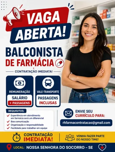 ? VAGA ABERTA ?<br>BALCONISTA DE FARMÁCIA