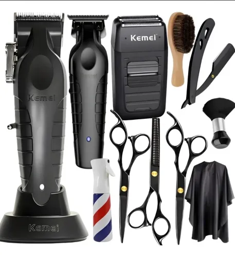 Kit Maquina De Cortar Cabelo Kemei E Tesoura Profissional Preto 