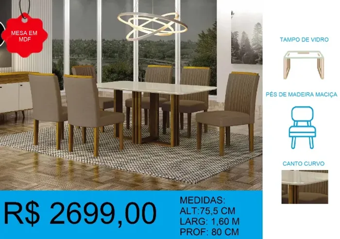 Mesa em mdf com 6 cadeiras - design incrível
