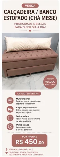 Calçadeira / Banco Baú Estofado em Veludo Rosa Claro - Excelente Estado!