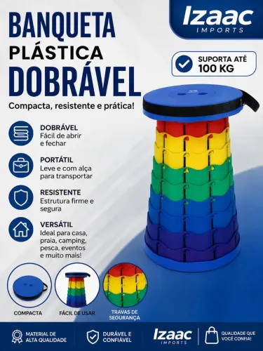 Banco portátil de plástico resistente e prático pra o dia-a-dia