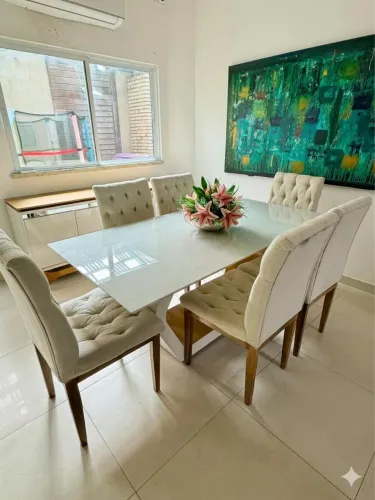 Conjunto de mesa de jantar elegante com 6 cadeiras estofadas