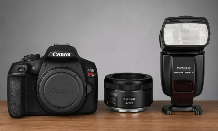Canon EOS T7 + Lente 50mm + Lente 18-55mm + Flash Yongnuo - R$ 4.100