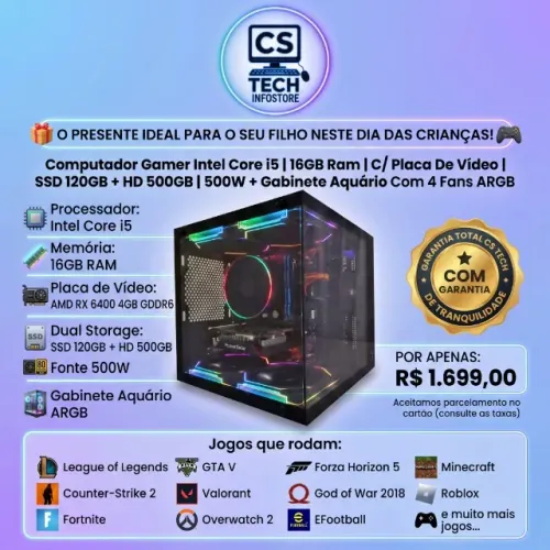 Computador Pc Gamer Intel Core i5 + 16GB RAM + RX 6400 + SSD Presente De Dia Das Crianças