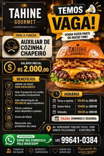 ? VAGA DE EMPREGO - HAMBURGUERIA | SANTA FELICIDADE ?