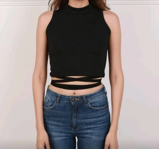 Cropped Tricô canelado com amarração  - TAM M