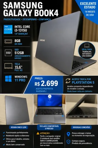 Samsung Galaxy Book4 i3 13ª Geração | 8GB | SSD 512GB