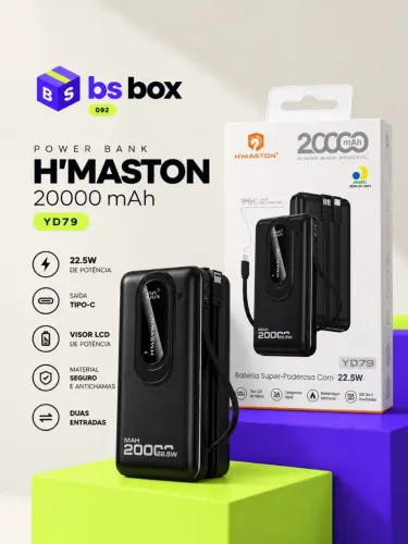 Power Bank H'Maston YD79 20000 mAh 22.5W - Novo na Caixa