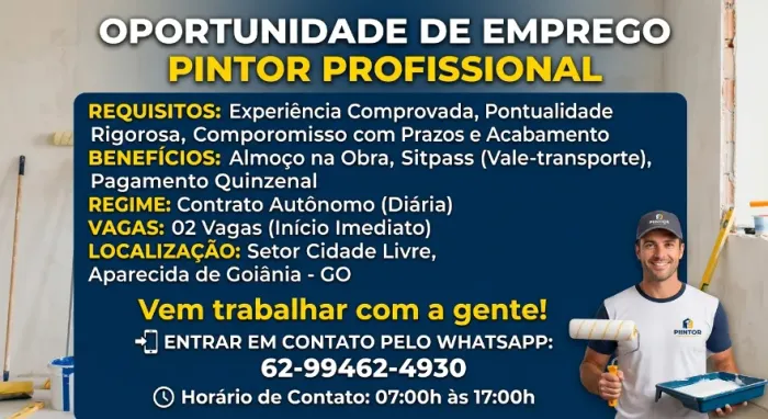 CONTRATE SE PINTOR COM EXPERIÊNCIA 02 VAGAS - CIDADE LIVRE APGYN