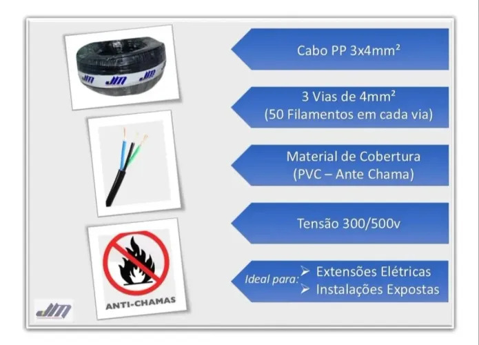 Extensão 50 metros Profissional - Cabo pp 3 vias - 3x4mm com 3 saídas "femeas", 10A e 20A