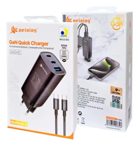 Kit Peining Carregador Turbo 65w Gan 3 Portas + Cabo Tipo-c