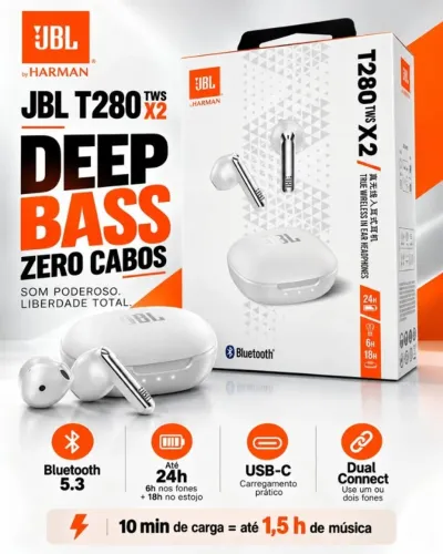 Fone JBL T280 TWS X2 Bluetooth 5.3 | Entrega Gratis em Toledo
