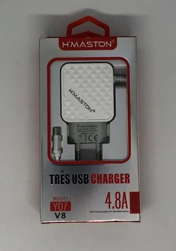 Carregador de Celular de Parede Cabo Fixo V8 e 3 Saídas USB Turbo 4.8A Novo na Caixa
