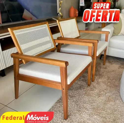 Poltrona Madeira Eucalipto Tecido Linho Bege Nova (cada) - Entregamos