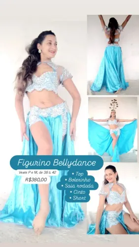 Traje de Dança do Ventre Azul claro. Cetim, renda bordada com chatôs, miçangas e paetês